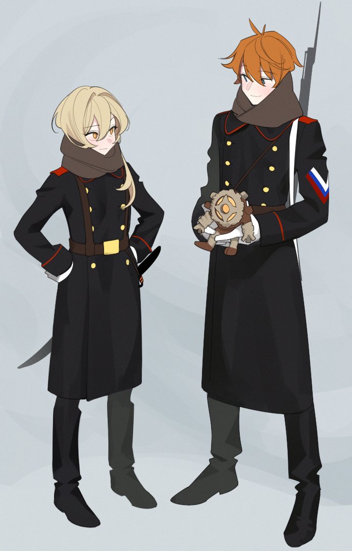 the image features a girl and a boy, both styled in an anime aesthetic and dressed in long black russian military uniforms. they are positioned in front of a plain gray background. the girl, with long blonde hair and a determined expression, stands on the left side of the image, her hands tucked into her coat pockets. a sheathed sword hangs from her belt. the boy, with short orange hair and a gentle smile, stands on the right, holding a small, round, grey creature plushie. both have scarves wrapped around their necks and wear nearly identical uniforms, distinguished by a russian flag detail on the boy's right shoulder. the image utilizes soft lighting, contributing to the overall calm and slightly whimsical atmosphere.