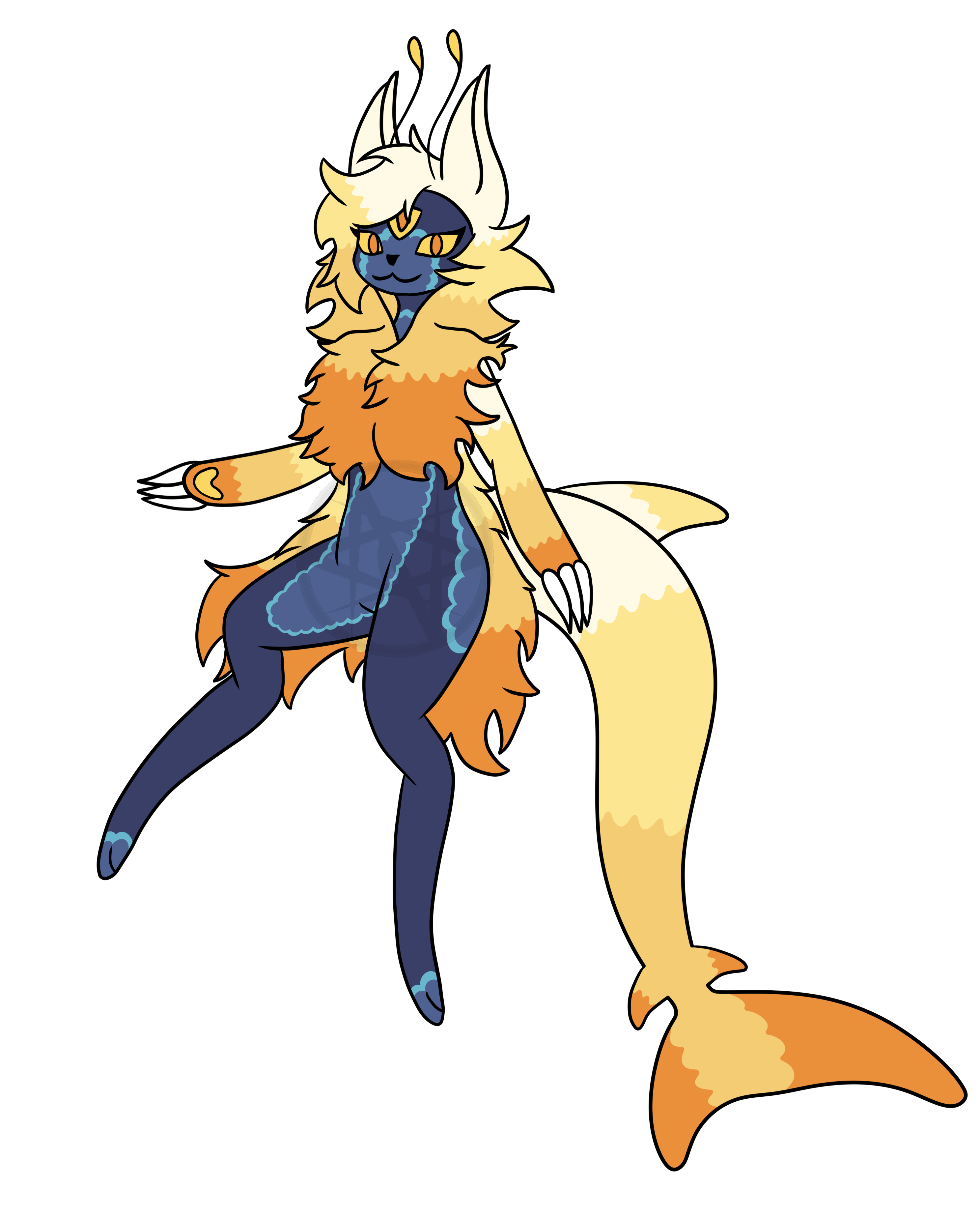 this is a digital illustration of a furry creature with a fish tail. they have a blue body and orangeyellow fur. the fur appears to be a mane, collar, and tail. their face has catlike features, and they have pointed ears and a long, slender snout. they are drawn in a cartoon style and are against a black background.