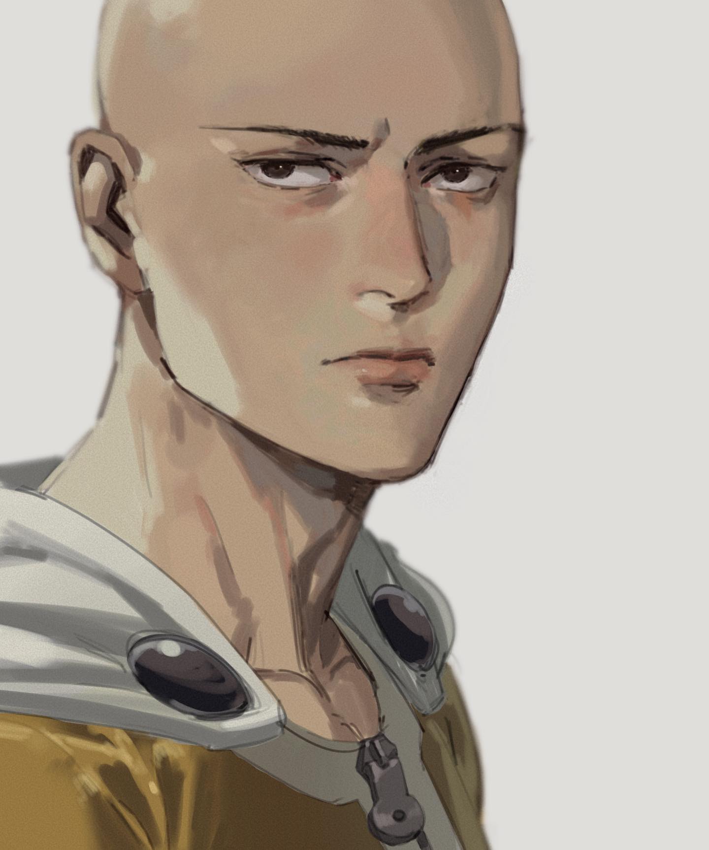 a closeup illustration of saitama, the protagonist from the anime and manga series one punch man. he is depicted with a serious expression, his signature bald head, and wearing his yellow superhero suit with a white hood. the background is a plain offwhite color, drawing focus to saitama's stern demeanor.