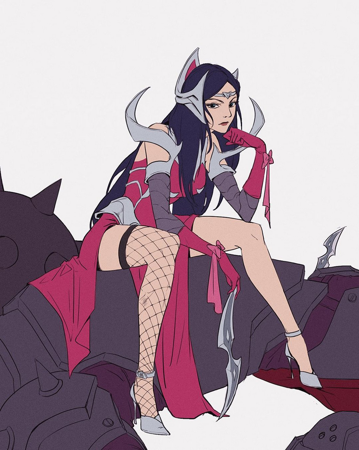 a female anime character with long black hair, wearing a red dress and black stockings, is sitting on a large, mechanical monster. she is wearing white heels, red gloves, and has a sword strapped to her thigh.