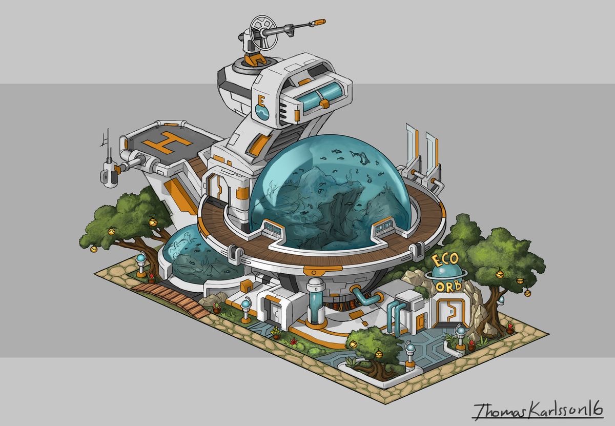 this is a digital art of a futuristic building that incorporates a large biodome. the biodome houses a body of water with aquatic life and rock formations. the building is white and orange with a glass dome, surrounded by trees and plants. the building has an antenna on top. the scene is illuminated by bright daylight and is drawn in an isometric perspective.