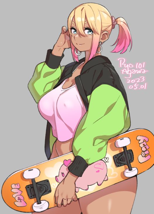 an anime illustration of a cute, young woman with blonde hair, tan skin and blue eyes, wearing a pink and green jacket and a pink tank top, smiling, holding a skateboard in front of her with her right hand. the skateboard is painted with pink hearts and pink pigs. the background is a plain grey.