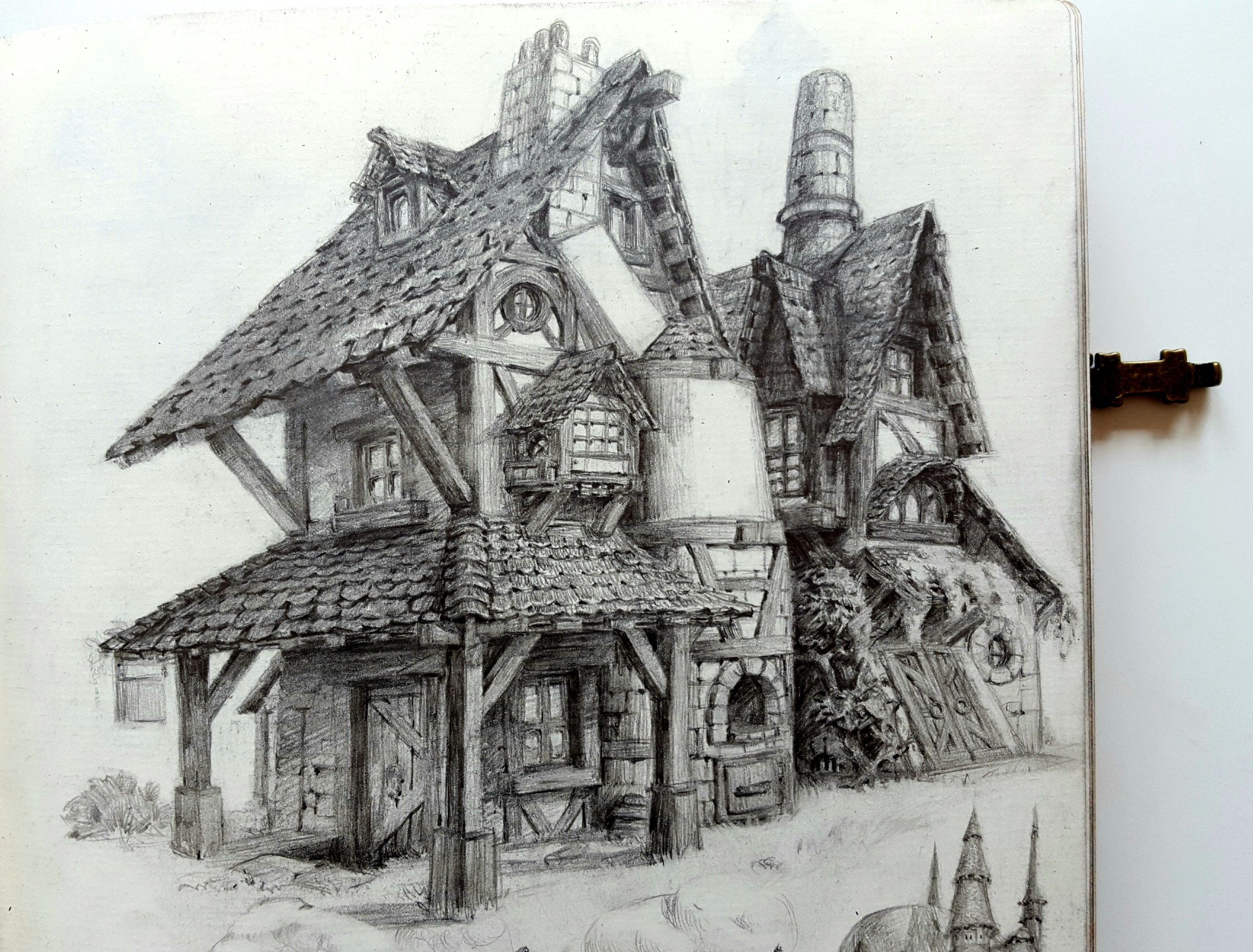 a detailed pencil sketch of a multistory fantasy house or inn.  rendered in black and white with a full range of values, the building has a medieval, slightly ramshackle appearance with a prominent chimney and timber framing.  the perspective is threequarter view, offering a glimpse inside an open carriage house. surrounding the main structure are hints of the larger environment, including a small fence, foliage, and another building in the distance.