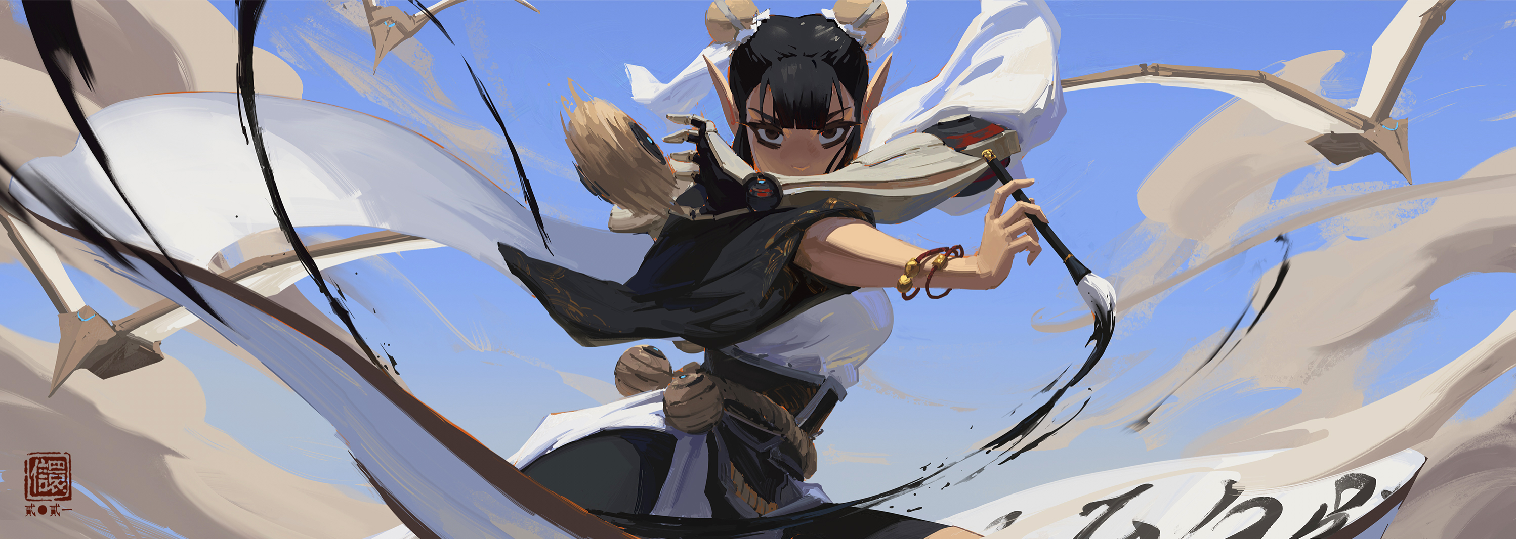the image depicts a dynamic animestyle female elf warrior in midaction. she's wielding a large calligraphy brush, her pose and the flowing brushstrokes suggesting swift movement and power.  her attire blends asianinspired elements with fantasy elements; her clothing is primarily white and black, with flowing fabric and gold accessories.  the background features a bright blue sky and abstract brushstrokes suggestive of wind or energy. her expression is serious and determined, conveying a powerful and focused character. the overall style is painterly and dynamic, emphasizing movement and energy.