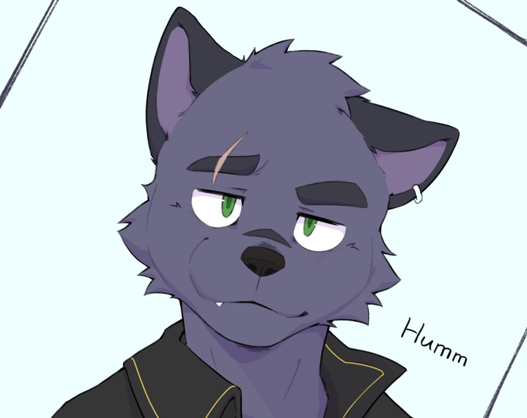 the image showcases a digital drawing of an anthropomorphic wolf character. the character, characterized by graypurple fur, sports a black jacket with gold accents and a single earring. his green eyes convey a sense of relaxed contemplation or perhaps mild amusement. the drawing is rendered in a soft, cartoonlike style, suggesting a friendly and approachable demeanor. the background is a plain, pale blue, further emphasizing the character as the central focus.  the word "humm" is written next to the character's head, hinting at a thoughtful or curious state of mind.
