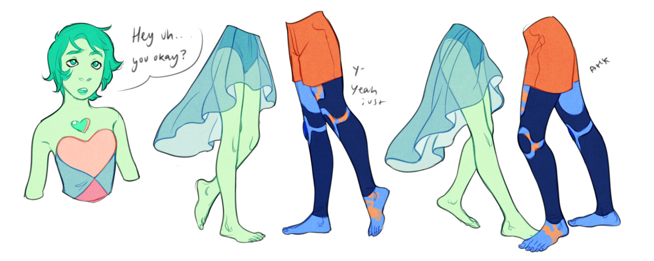 a character design sheet for a steven universe oc. it shows a side view of the character with four different variations of her legs and outfit. the top left corner shows a bust of the character with short green hair, light teal skin, and a pink and green top. a speech bubble next to her head reads, "hey uh... you okay?".