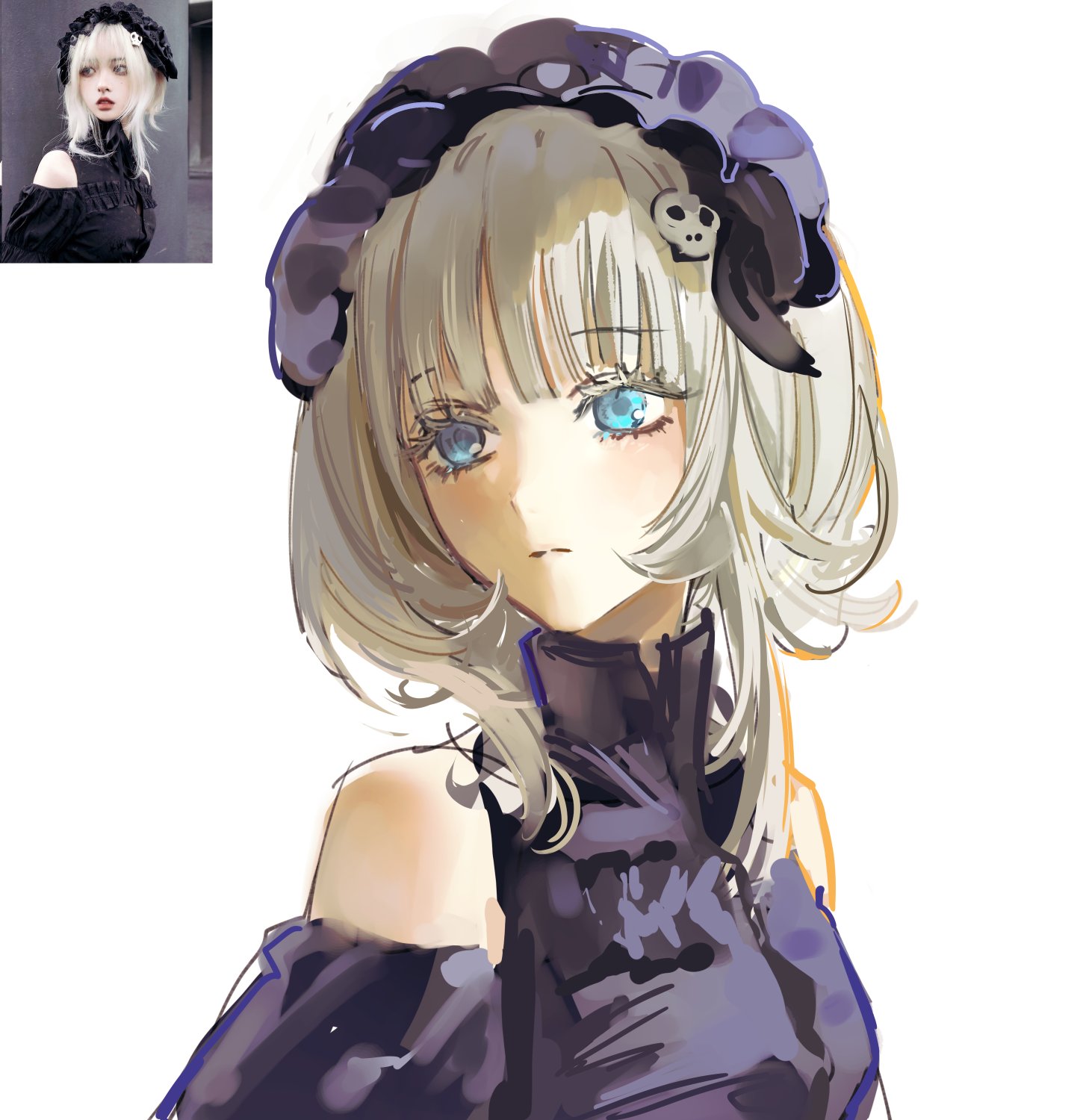 he image contains a digital painting of an animestyle girl.  she has pale skin, long blonde hair styled with bangs, and bright blue eyes.  she's wearing a dark gothicstyle outfit that includes a dark dress with shoulder cutouts and a black headband adorned with skulls. a small inset image in the top left corner shows a reallife photo of a person with a similar hairstyle and dark clothing style, implying that the anime drawing is based on or inspired by the photograph. the art style is loose and painterly, with visible brushstrokes and a soft, slightly blurry quality. the background is plain white, focusing attention entirely on the character. the girl's expression is somewhat serious and pensive.
