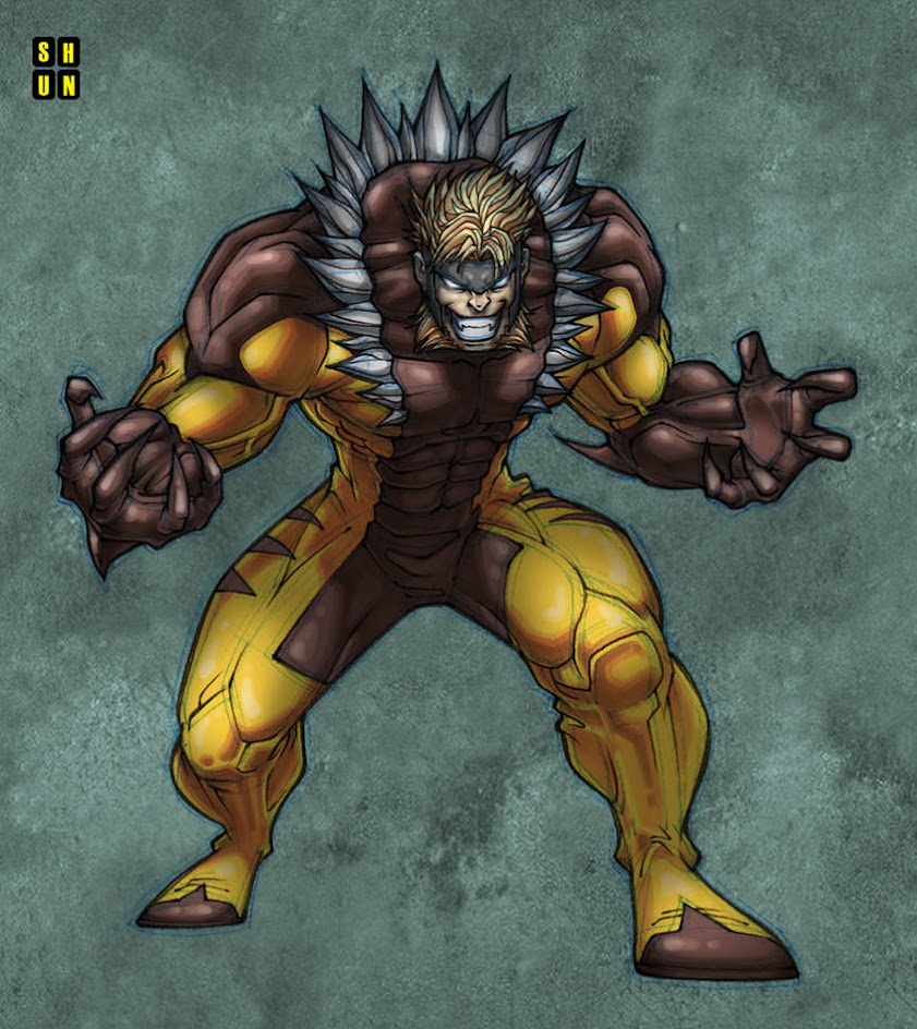 a digital illustration of sabertooth from the marvel universe. he is a menacing, feral mutant with sharp claws, teeth and a brown and yellow costume. sabertooth is depicted in a standing pose with an angry and aggressive expression on his face, his fists clenched and ready to fight. the background is a green, gray, and textured surface.
