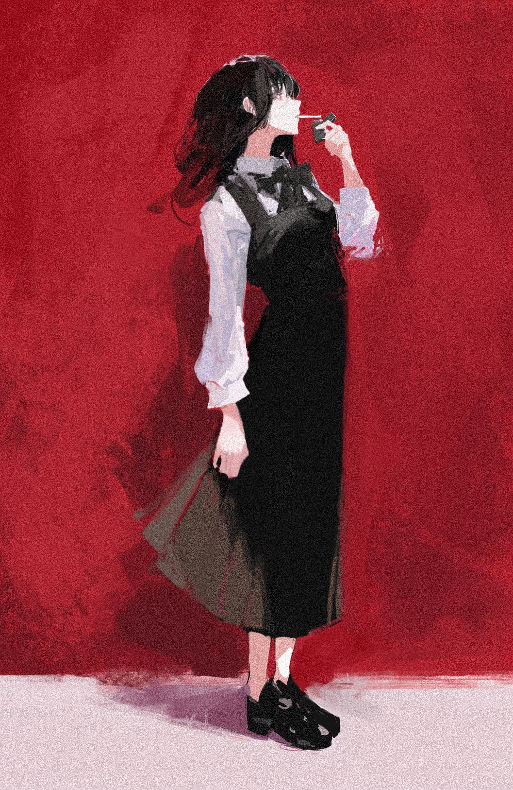 a young woman, depicted in an anime/manga style, stands against a vibrant red background. she is wearing a stylish ensemble consisting of a white, longsleeved shirt with puffed sleeves, a black sleeveless dress, and black shoes.  she holds a brown bag in her left hand and appears to be applying lipstick with her right hand. her long, dark hair partially obscures her face, adding an air of mystery to her persona. the soft lighting and fullbody perspective highlight the details of her attire and pose, while the red background creates a striking contrast, drawing attention to her figure.