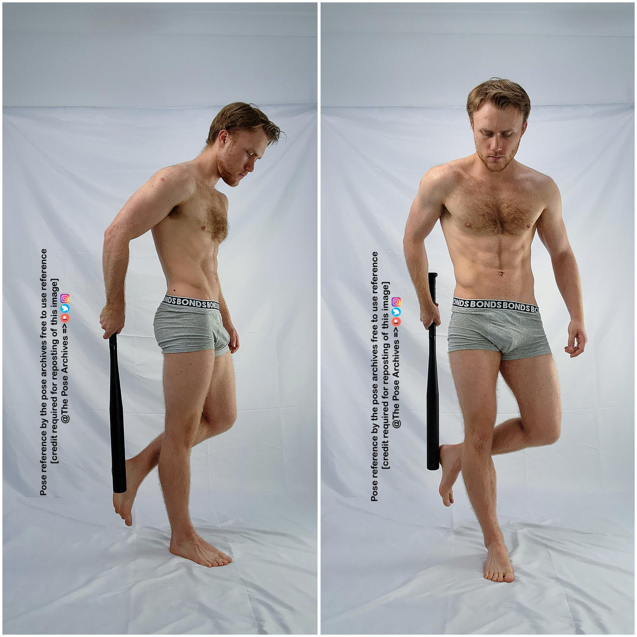 a collage of two photos featuring the same muscular, shirtless man in gray underwear. he stands against a plain white background, holding a baseball bat and looking down in both images. the poses slightly differ, offering varied angles for artistic reference.