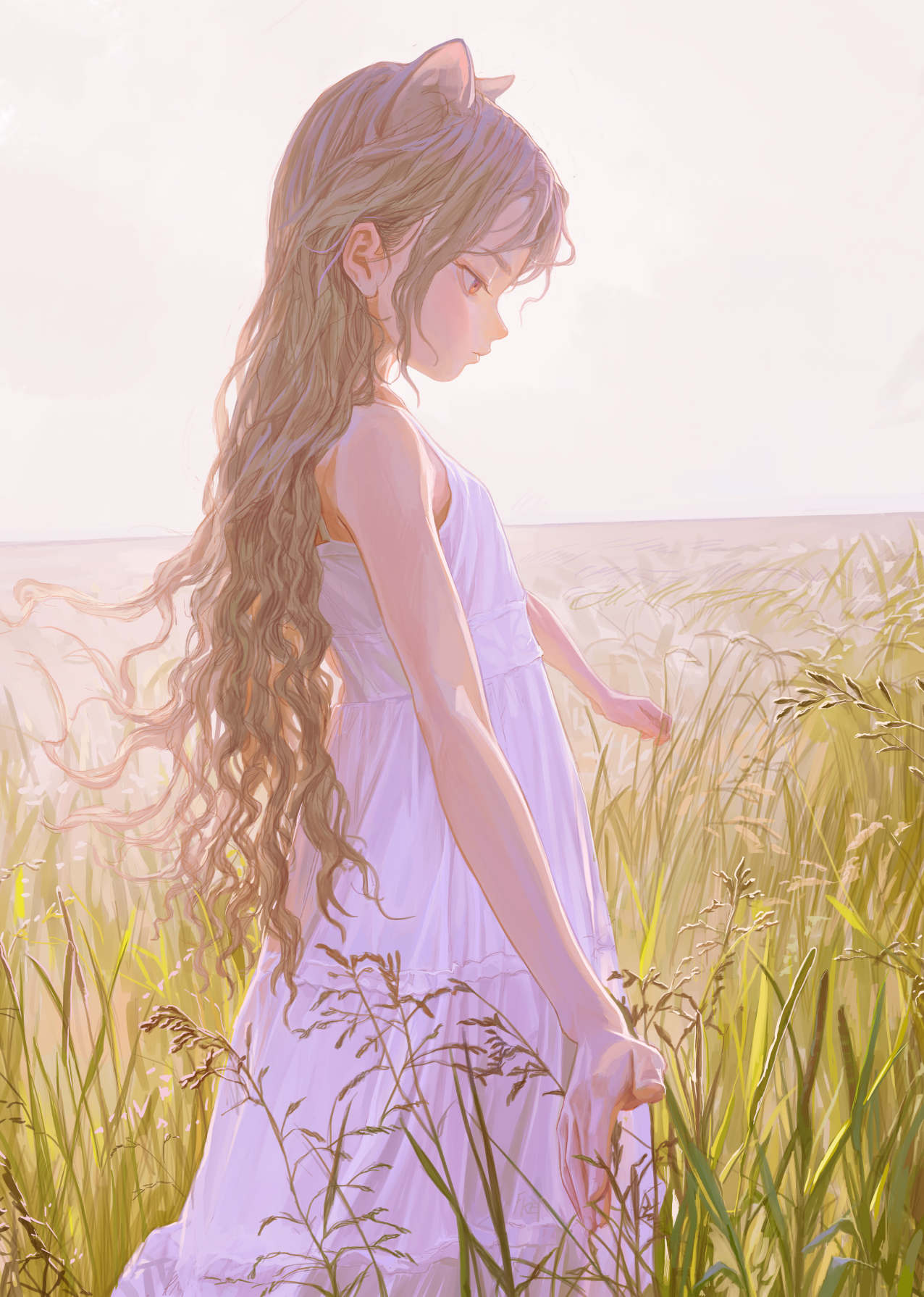 an illustration of a girl with long, wavy hair and cat ears standing in a field of tall grass. she is wearing a white dress. the image has a soft, dreamy quality with a muted color palette.