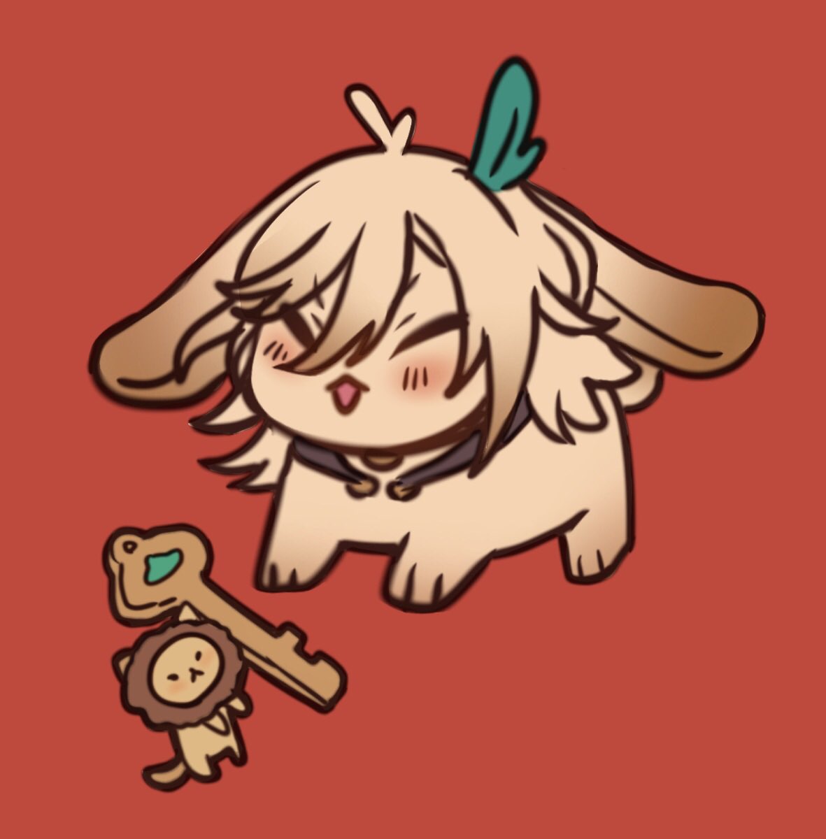 a cute cartoon bunny with big ears and a small lion keychain, sitting on a red background. the bunny is smiling and has brown fur with white tips. the bunny has a green feather on its head, and a silver necklace with a silver heart pendant.