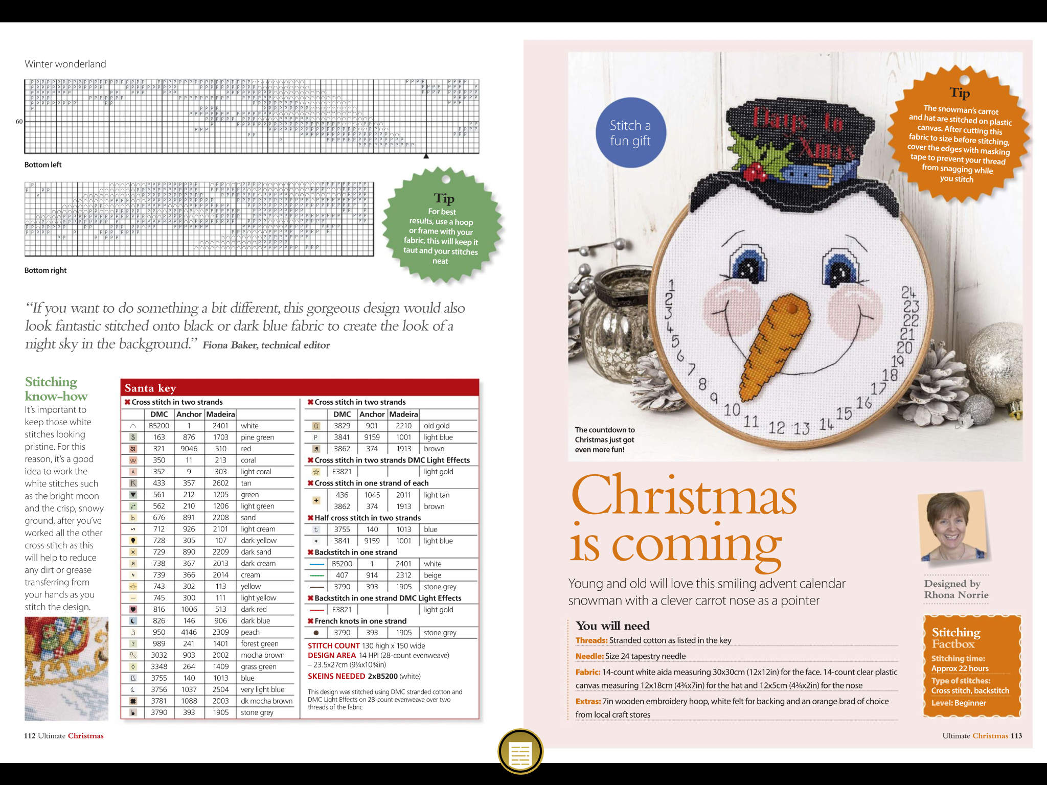 this image shows a cross stitch pattern for a snowman advent calendar. it features a detailed chart of color codes for embroidery floss, along with dmc and anchor madeira thread numbers. the design features a smiling snowman with a carrot nose, wearing a hat and holding holly. the pattern is intended for beginner stitchers.  a  written description of the craft project is given along with a material list.
