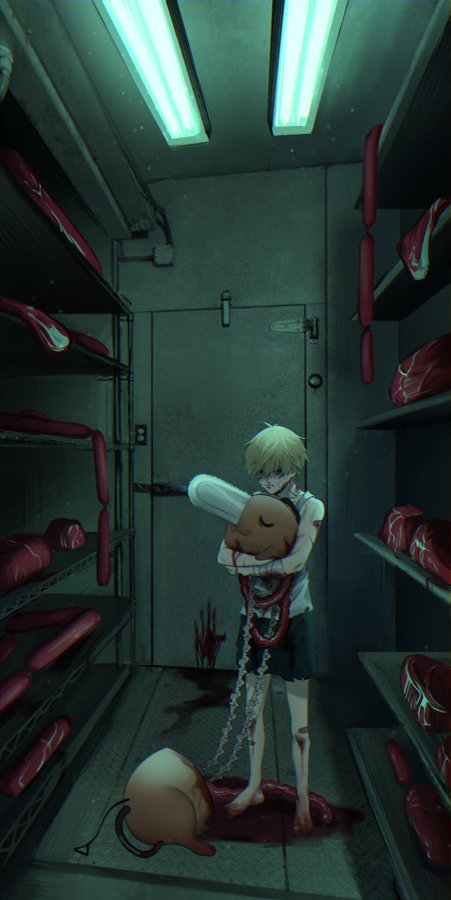 a young girl stands in a meat locker, holding a severed head. the room is covered in blood and the walls are lined with shelves of meat. she appears to be hurt and wounded.  the scene is dark and creepy.