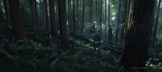 three samurai warriors stand on a fallen log path in a dense, green forest. sunlight filters through the tall trees, casting dappled light and shadows on the forest floor. the scene evokes a sense of mystery and adventure, hinting at a journey or mission the warriors are undertaking.