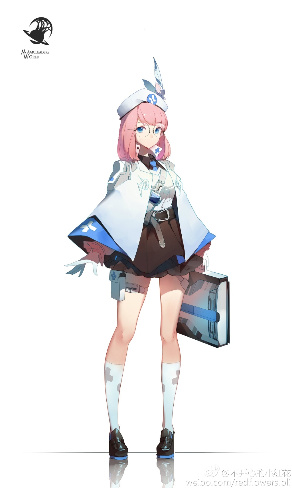 an illustration of a girl with pink hair, wearing a white dress with blue accents, and black shoes, holding a book. she has a weapon strapped to her leg and is standing in front of a white background.
