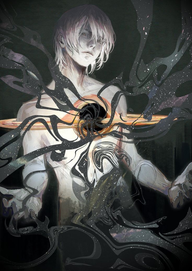 the illustration depicts a young man with short white hair, standing against a dark background.  a swirling, abstract representation of a galaxy with a black hole at its center emanates from his chest, its tendrils winding around his arms and body. his expression is serene yet melancholic, suggesting a sense of both wonder and isolation.