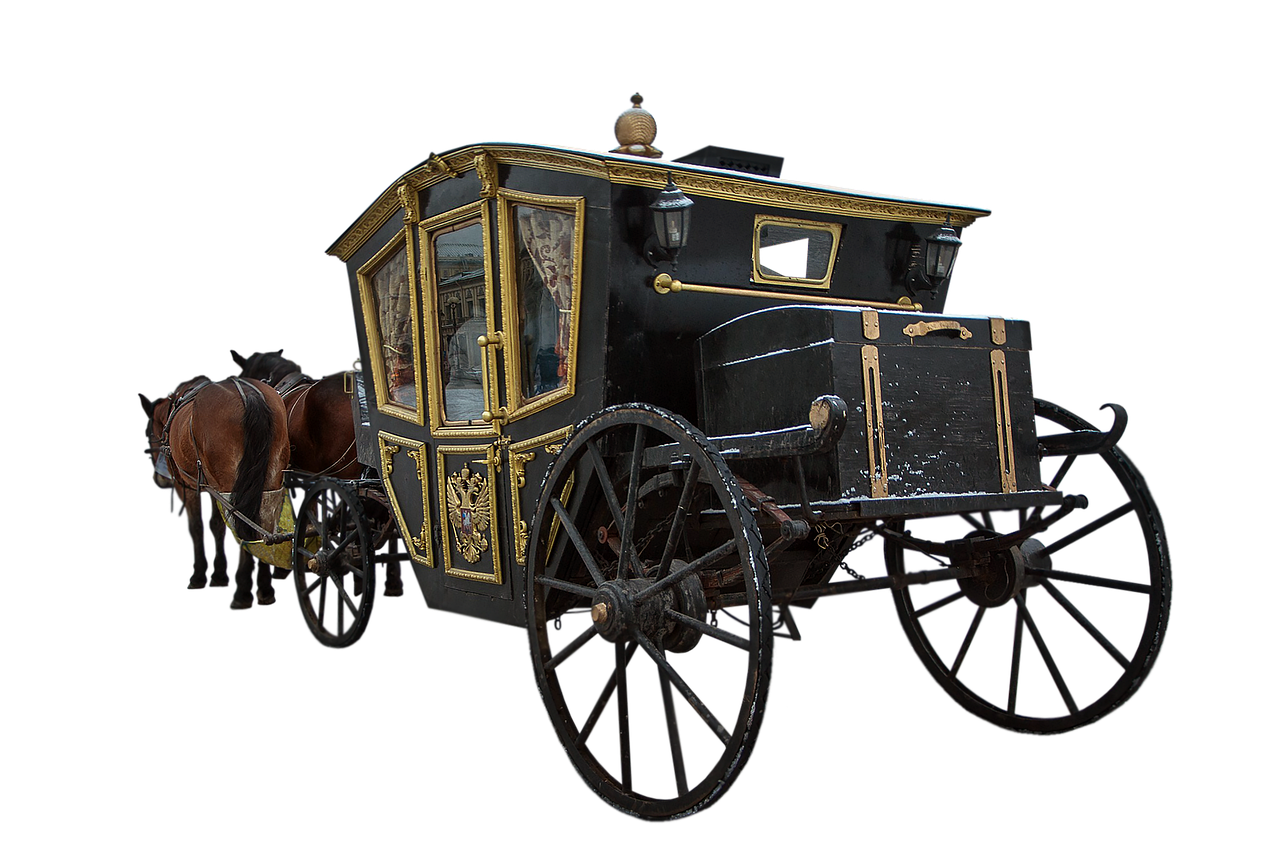 a black and gold ornate horsedrawn carriage stands against a black background with two brown horses harnessed to it. the carriage features gold detailing around the edges and on its doors, which are decorated with crests. the wheels are large and dark. the ground and carriage are dusted with snow.