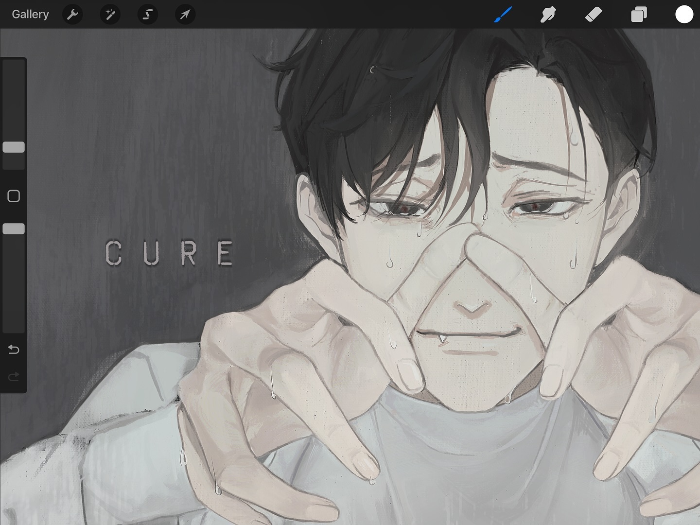 the image shows a closeup illustration of a young man's face. he appears to be crying, with tears streaming down his face and his eyes closed. his expression is one of deep sadness and despair. his hands are clutching at his face, as if trying to hold himself together. the word "cure" is written in large letters above his head. the overall tone of the image is dark and somber.