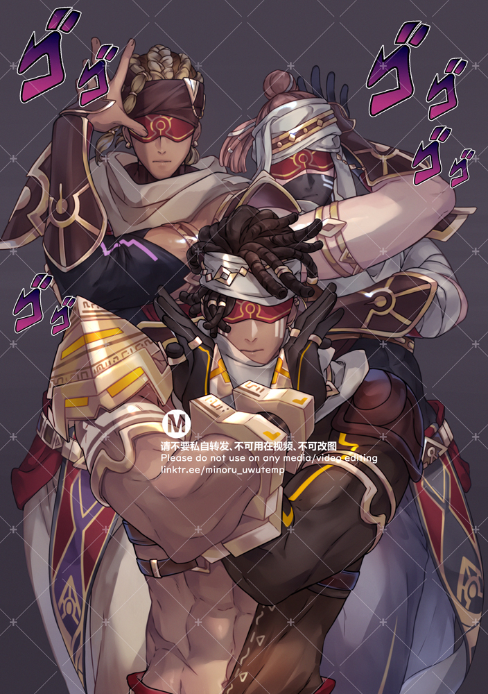 this image is a fan art of three anime characters. the characters are all posing in the iconic "jojo pose", with their hands in the air and their bodies in dynamic stances. the characters are dressed in various styles, but all have some sort of armor. the image is set against a grey background. the characters are all smiling and look ready to fight. the artwork is in a comic book style, with sharp lines and bright colors. the image is sure to be a hit with any fan of the jojo series.