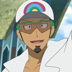 a closeup image of the pokemon trainer barry taking a selfie. he's outside and is wearing his signature white hat with a rainbow stripe, and greentinted glasses.