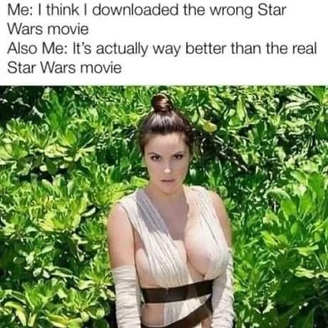 he meme features text at the top that reads "me: i think i downloaded the wrong star wars movie. also me: it's actually way better than the real star wars movie."  below the text is an image of a woman cosplaying as rey from star wars. the cosplay is revealing, showing significant cleavage. the woman is standing in front of lush green foliage.  the humor derives from the contrast between the expectation of a "wrong" star wars movie and the unexpected, arguably better, experience due to the visually appealing cosplay.