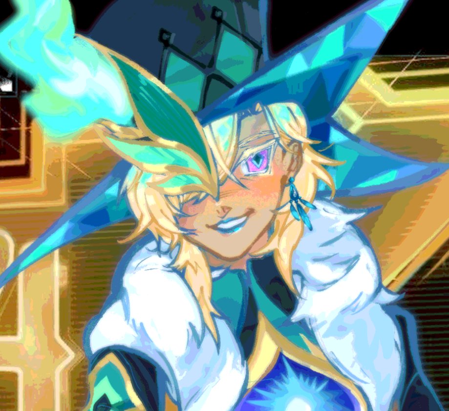 this is an anime style illustration of a male character with blonde hair, blue and green eyes, and a blue and green hat with a large brim. he is wearing a white shirt and blue and green clothing with a bright blue light. the background of the image is yellow with light and dark shadows. the character has a large smile and a bright, positive expression.