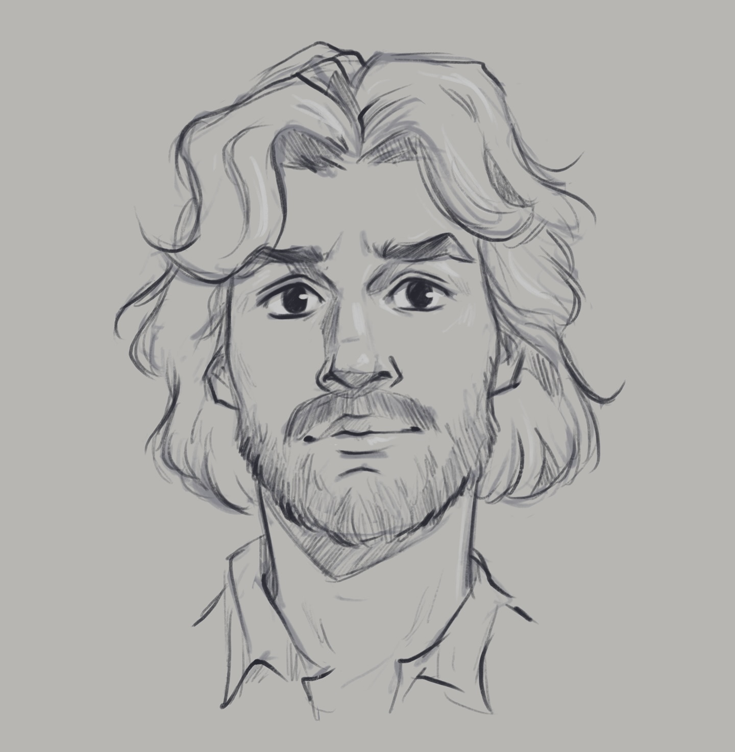 the image is a grayscale pencil sketch of a man's portrait.  the style is somewhat loose and painterly, not overly detailed but conveying a sense of realism. the man has long, wavy hair and a beard, and his expression is serious or thoughtful. the drawing focuses on the head and shoulders, showing the man from the chest up. the background is a plain, light gray. the overall feel is artistic and expressive.