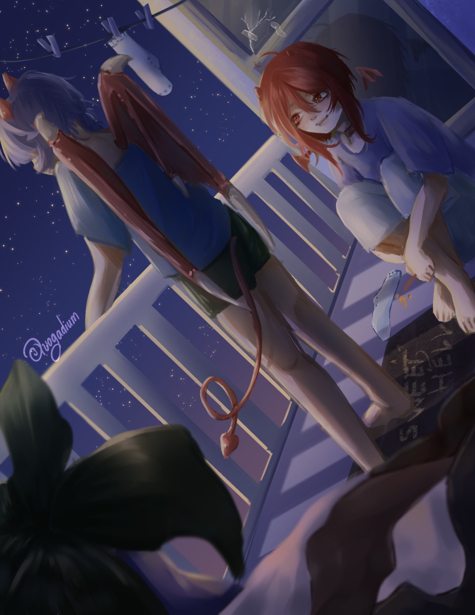 the image is a digital painting or illustration featuring two animestyle girls on a porch at night. one girl has red hair and is sitting down, while the other girl has purple hair and is standing. both girls have devilish tails and wings. the scene is set under a starry night sky, and the overall mood is peaceful and slightly mysterious. the art style is soft and painterly, with a focus on atmosphere and mood.