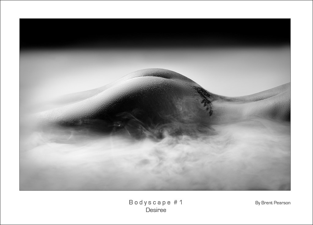 the image is a black and white fine art photograph titled "bodyscape #1: desiree" by brent pearson.  it features the lower back and buttocks of a female model, partially obscured by a swirling mist or smoke. the model's skin is smooth, and a small tattoo is visible on her lower back. the composition focuses on the curves and form of the body, creating a sensual and abstract visual effect. the contrast between the smooth skin and the hazy smoke adds to the image's ethereal and dreamy atmosphere. the overall style is artistic and suggestive, emphasizing the beauty of the human form.