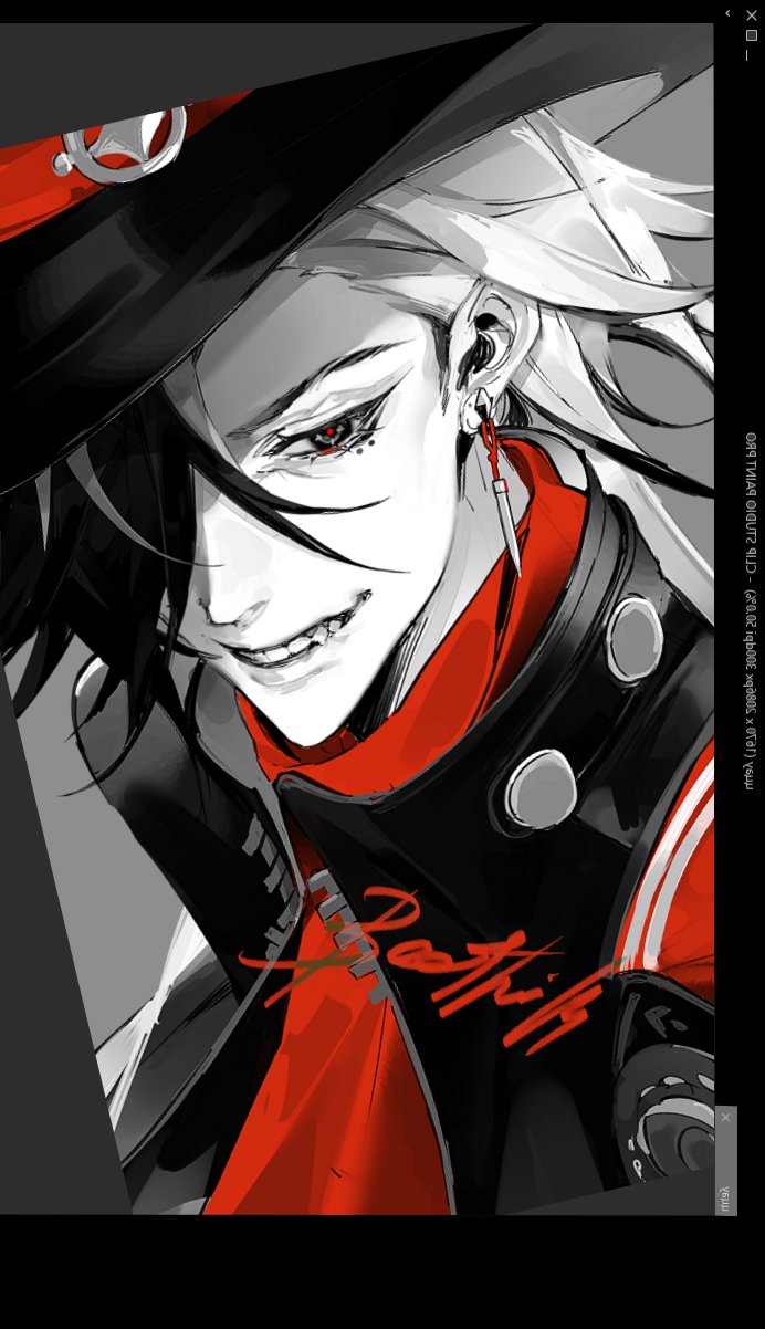 a close up portrait of a cool, edgy, mysterious, anime character. they have long white hair, red eyes, a sharp jaw line, and are wearing a black hat, red and black clothing. the background is black, and the overall tone is dark and mysterious. the character is looking directly at the viewer, and has a smirk on their face, which adds to their cool and edgy vibe. they are very sharp and defined, which is also characteristic of anime characters.