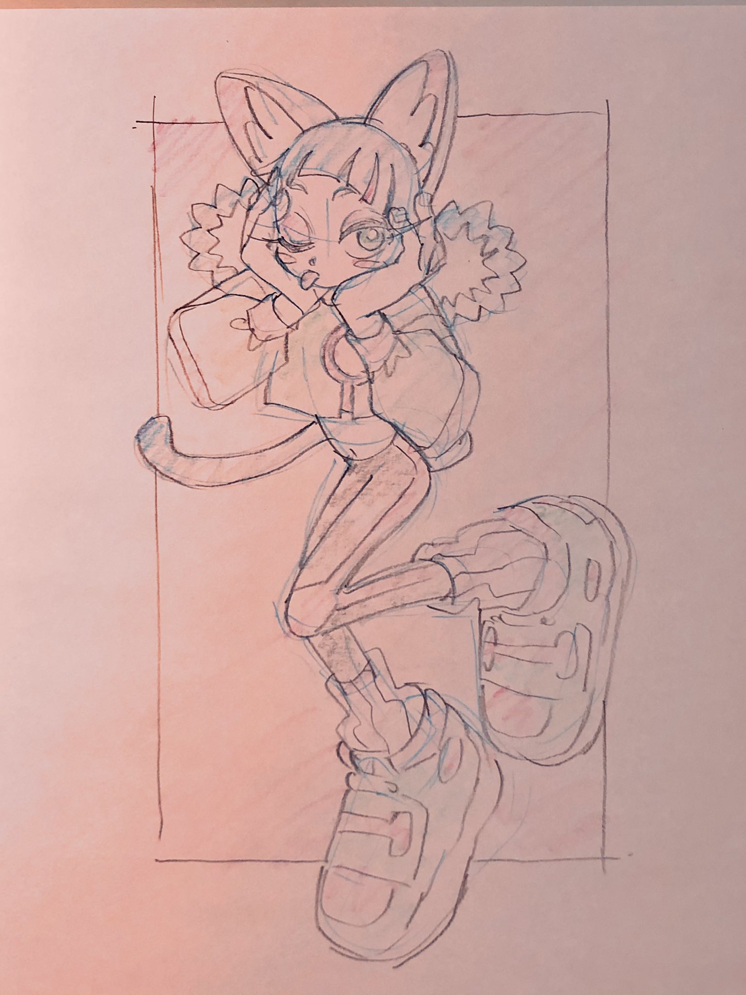 the image is a sketch of a stylized cat girl wearing streetwear. she is striking a pose, holding what appears to be a phone to her ear, and wearing chunky sneakers.  the style is reminiscent of 1990s animation and fashion.