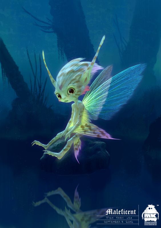 an illustration depicts a fantastical fish fairy sitting on a rock in an underwater environment. the creature has large, expressive eyes, a slender body, and delicate, iridescent wings. its skin is patterned with fishlike scales and fins. the fairy is reflected in the water below. the background features murky blue water and suggests the presence of underwater vegetation. the image includes text at the bottom indicating it's a "maleficent" fish fairy concept art.