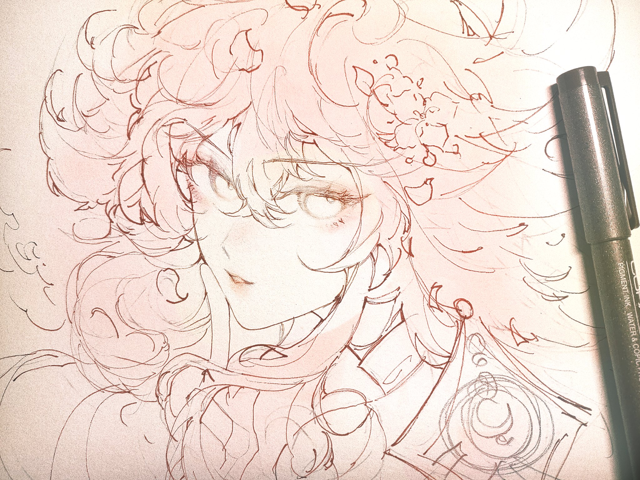 the image showcases a closeup of a workinprogress (wip) drawing of an animestyle girl. the artwork is primarily done in light reddishbrown ink with fine lines, creating a delicate and detailed sketch of the character's face and flowing hair.  the hair is voluminous and styled with many wispy strands.  the girl's expression is subtle, and her eyes are expressive.  the background is a light pink wash, enhancing the overall soft tone of the drawing.  a copic pigment ink water & copic marker rests beside the drawing, suggesting the artist's medium.  part of what looks like a stylized rose or floral element is visible in the hair. the overall style is whimsical and romantic.