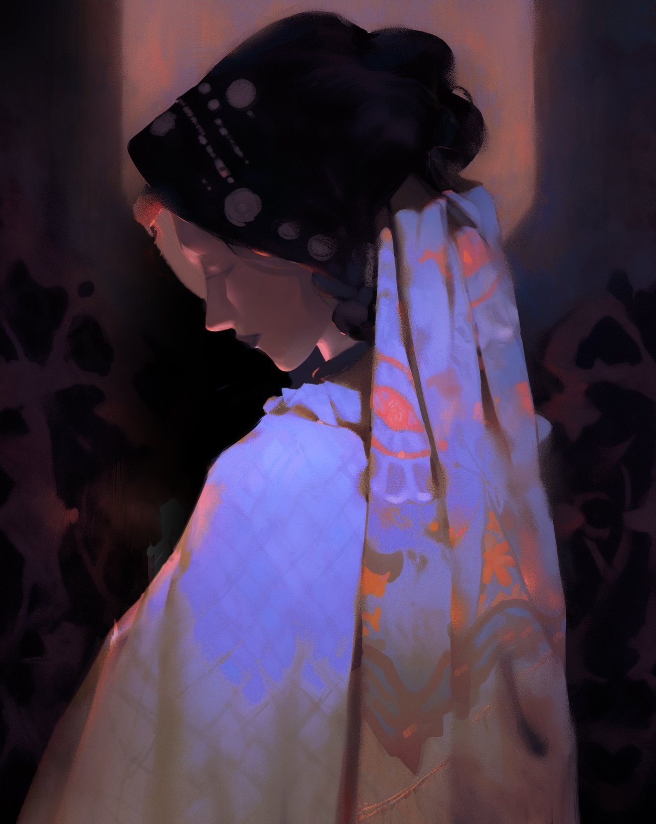 this is a digital painting of a woman with a black head covering and a colorful scarf, possibly a shawl, draped around her shoulders. she is wearing a white dress and the painting has a soft, dreamy feel.  the background is dark and there is a sense of mystery and moodiness in the image. the woman's face is partially obscured by the scarf, and her expression is soft and dreamy.  there is a hint of elegance and beauty in the painting.  the artist has used abstract brushstrokes and a muted color palette to create a sense of depth and atmosphere.  the overall feeling of the painting is one of soft mystery.