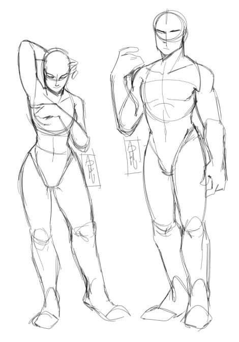 this is a sketch of a male and female figure. both figures are shown in a standing pose and only the outline of the figures is shown. the drawing is done in a simple style with minimal detail.  the male figure is standing with his arm raised and his hand resting on his chin. the female figure is standing with her arm raised and her hand resting on her head.  the figures are drawn in a way that is simple and clear, making it easy to see their basic anatomy.