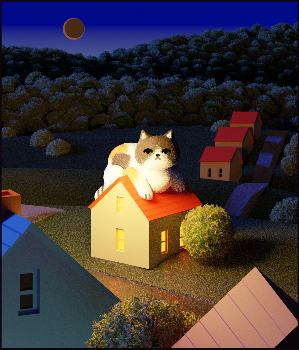 a surreal 3d rendering shows a large cat sitting on top of a small house in a landscape at night. the moon is visible in the dark blue sky. there are other houses and trees in the background. the image has a cartoonish, dreamlike quality.