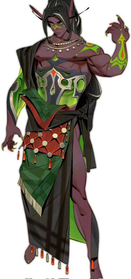 he image showcases a fullbody illustration of a male night elf, seemingly from a fantasy video game. the character is depicted in a dynamic pose, with one arm raised and fingers splayed. his attire is a mix of dark and vibrant colors; dark robes with green and red accents. the elf has detailed tattoos on his arms, torso, and face, adding to his mystical appearance. his facial features are sharp and welldefined. the overall style is sophisticated and detailed, giving a highresolution feel to the artwork.