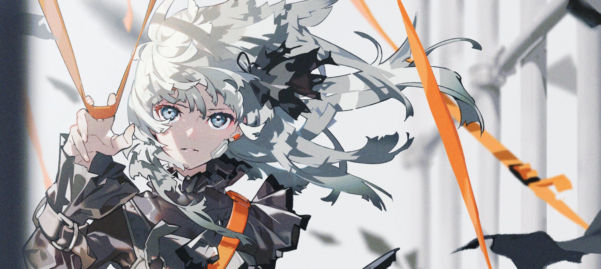 a dynamic illustration of a young anime girl with flowing white hair and striking blue eyes. she's dressed in a detailed black outfit with hints of orange and is set against a muted urban backdrop, possibly indoors with bright natural light filtering through windows. orange ribbons swirl around her, adding to the sense of movement and action. her expression is determined, hinting at a story unfolding.