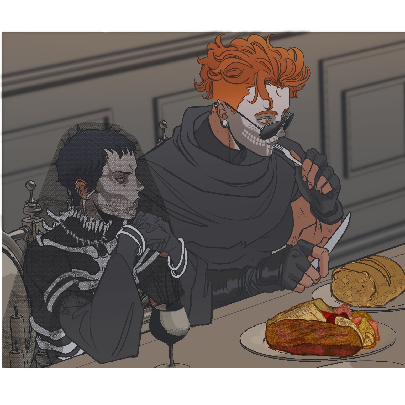 a stylized illustration of two people, possibly a couple, having dinner. both are wearing skeleton or skullthemed makeup and clothing. the person on the left has short black hair and is wearing a veil and a black outfit with white bone patterns. they are also wearing bracelets. the person on the right has orange hair, sunglasses, and a black scarf or hooded top. they are holding a fork in one hand and a knife in the other, seemingly cutting food. a loaf of bread and a wrapped dish are on plates on the table. a wine glass sits in front of the person on the left. the overall style is gothic or macabre, with attention to detail in the character designs and the food on the table.