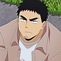 this is a digital illustration of a young man with short, dark hair and a goatee. he's got a serious expression on his face and is wearing a light brown collared shirt over a white tshirt. the background suggests he's outdoors, possibly in a park, with a blurred depiction of green grass.  the image has a soft, almost painted quality to it.