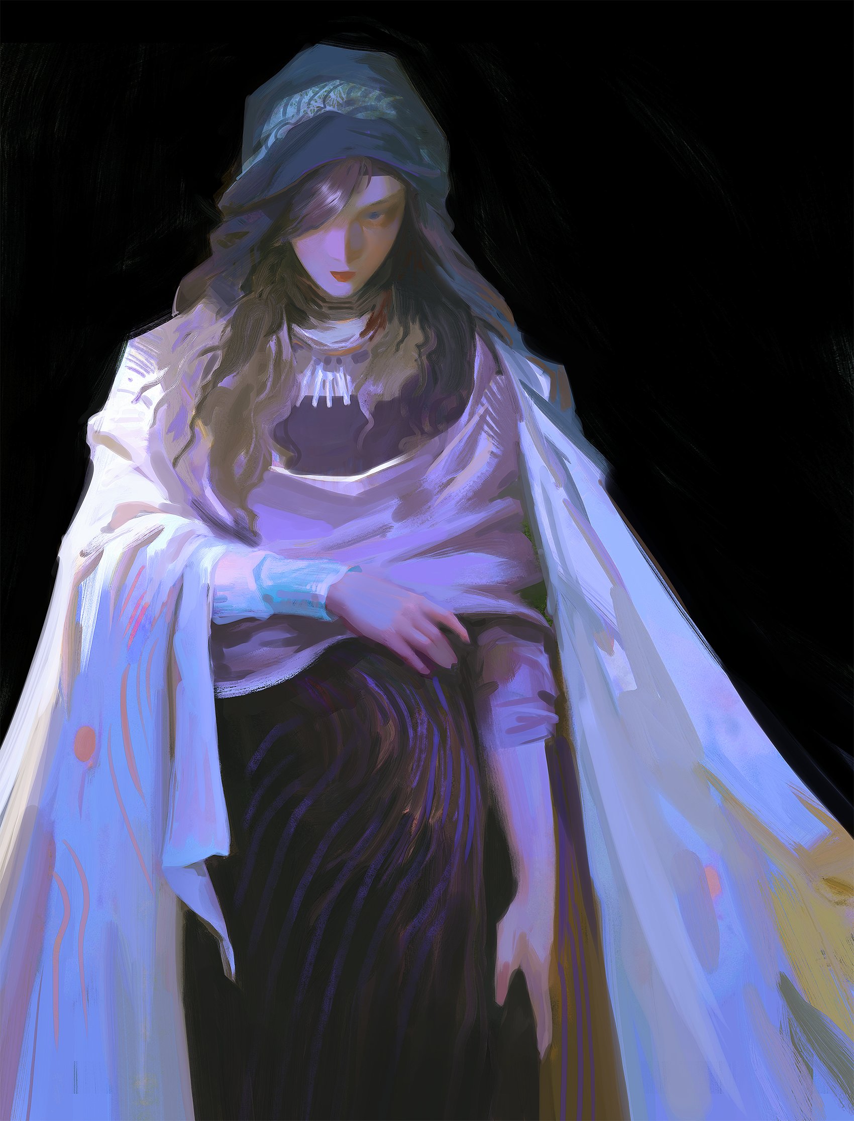 this painting depicts a woman with long brown hair wearing a blue hooded cloak, a purple dress and a white cloak. she is standing in a dark setting and is looking down. the woman's face is obscured by shadows, but the faint outline of her features suggests a feeling of sadness or loneliness. the painting is done in a digital style, using soft brushstrokes and muted colours to create a dreamy and ethereal atmosphere.