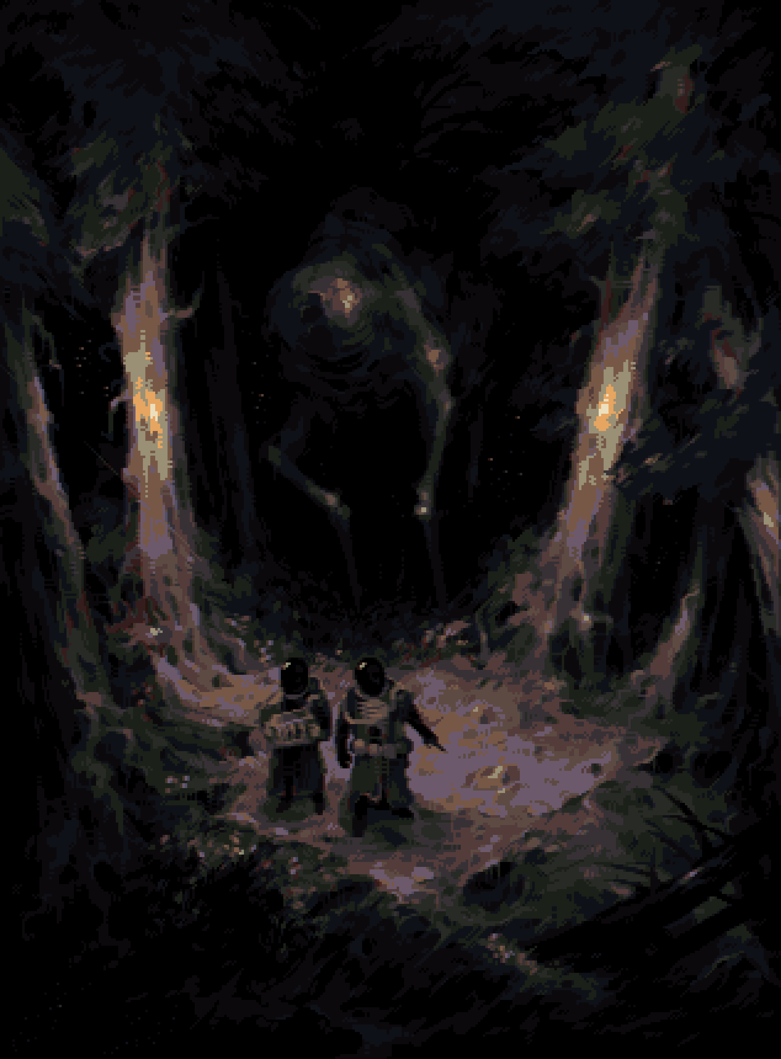 the image is a digital painting depicting a dark and ominous scene in a forest at night. two figures in dark, bulky suits, possibly astronauts or explorers, are walking along a path. in the background, a tall, slender humanoid creature looms over them, its form obscured by shadow but clearly imposing. the trees are dark and gnarled, with glowing lights emanating from their bases, creating an eerie atmosphere. the overall style is dark fantasy or scifi, with a focus on atmosphere and a sense of unease.