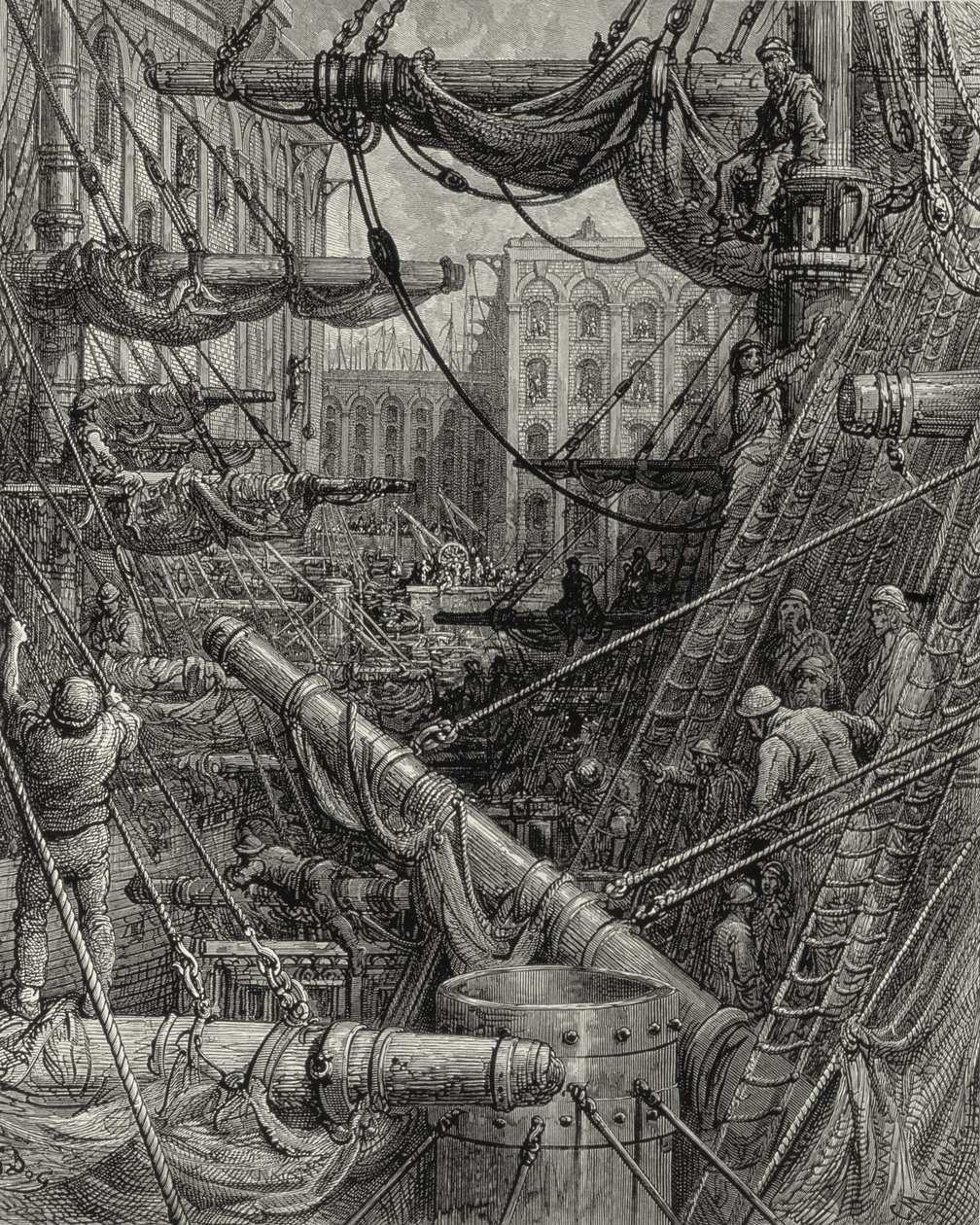 this black and white engraving depicts a bustling scene on a ship's deck in harbor. the perspective is from a low vantage point, looking upwards through the intricate network of ropes, masts, and sails. sailors work diligently, loading cannons and attending to various tasks. buildings of the harbor town are visible in the background, suggesting a hive of activity both on and off the ship. the highcontrast lighting emphasizes the dynamic nature of the scene.