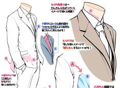 the image is a tutorial on how to draw a man's suit jacket. it shows the different parts of the jacket and how they should be drawn. the tutorial is in japanese.```