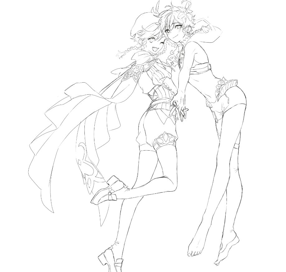 this is a line art drawing of two anime girls. one girl is wearing a short skirt and a cape with her hair pulled back with a bandana. the other girl is wearing a short bathing suit. they are standing close together, hugging and smiling. the drawing is in black and white and has a very simple style.
