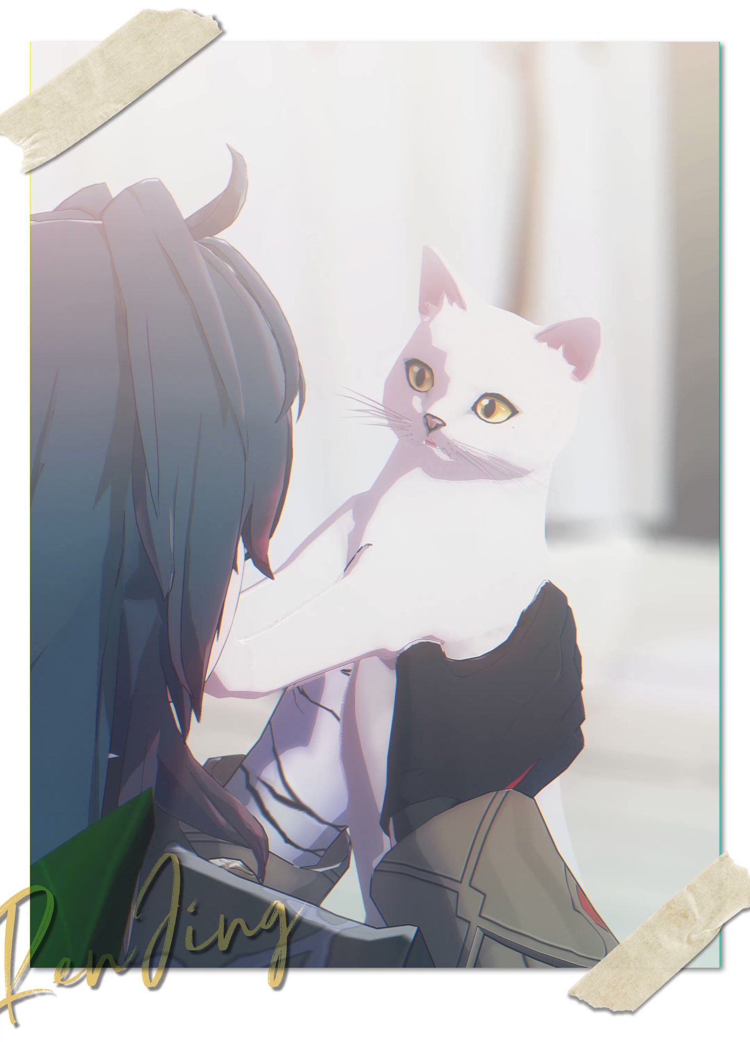 a white cat is sitting on a girl's shoulder while she looks off to the side smiling. the girl's hair is black and she is wearing an elaborate white and brown costume. the background is soft and hazy and there is a lot of light. the cat looks directly at the viewer.
