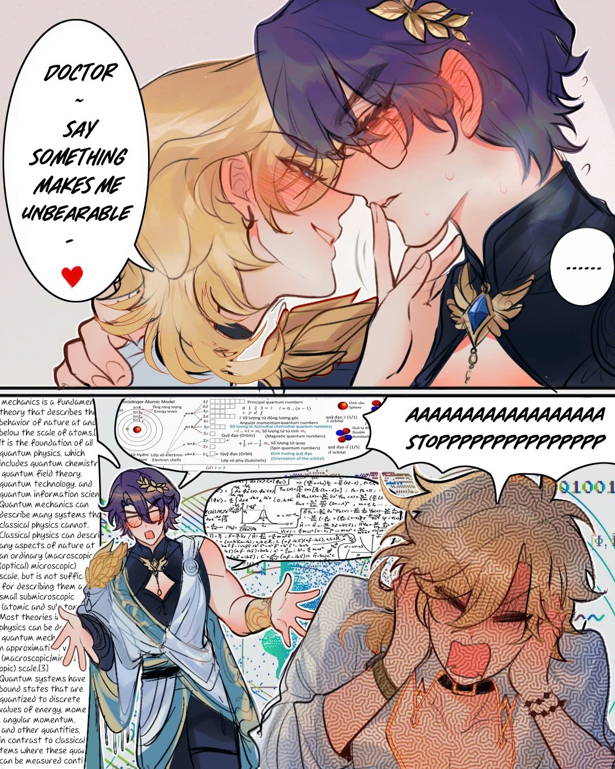 he image is a fourpanel mangastyle comic. the first panel depicts two anime boys, one with purple hair and glasses, the other with blond hair, in a close embrace, with the blond boy's thoughts stating "doctor, say something that makes me unbearable". the second panel shows various physics equations and diagrams related to quantum mechanics. the third panel features a boy in a togalike outfit standing amidst the equations, explaining them. the final panel depicts the blond haired boy with a shocked, distressed expression in response to the complexity of the physics information. the overall style is colorful and slightly exaggerated, blending elements of romance and academic subjects.