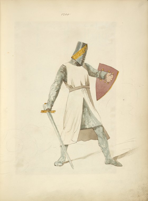 a fulllength illustration of a medieval knight in full armor. the knight has a helm, chainmail arms and legs, and a white surcoat. he holds a sword in his right hand and a shield in his left. the style resembles an illustration from a historical document.