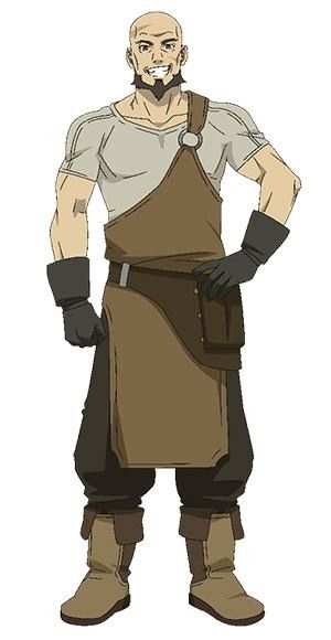 a cartoon illustration of a bald man with a beard and mustache. he's wearing a white tshirt, brown apron, and brown boots. he's smiling and has his hands on his hips.